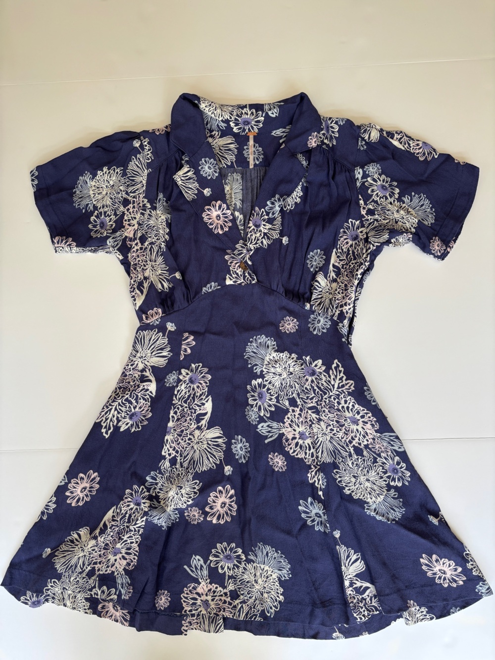Free People Navy Floral Collared Surplice Fit and Flare Mini Dress - Small